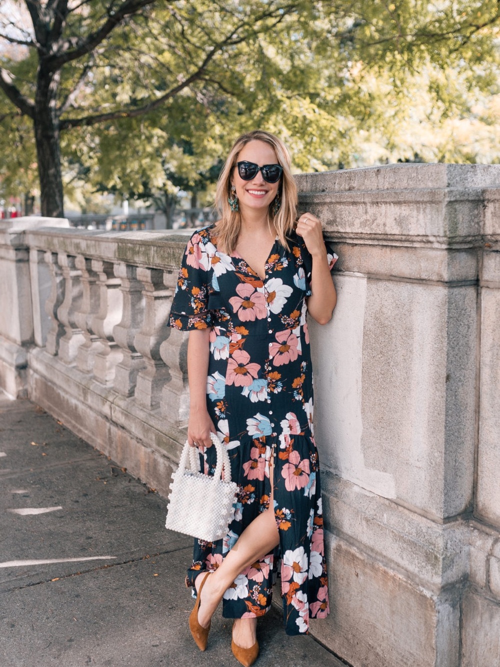 Ella Moon Floral V-Neck Maxi Dress in Navy with Pink & White Flowers